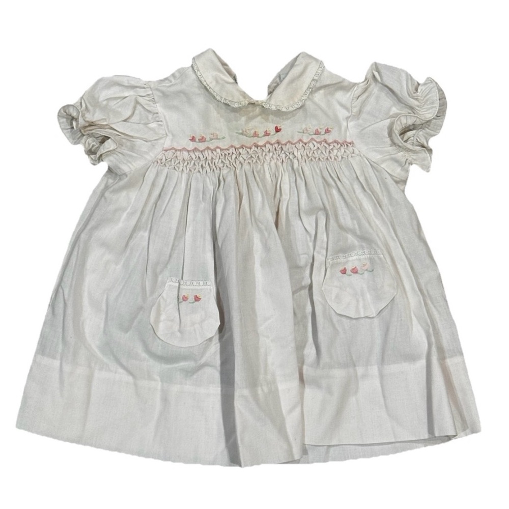 Vintage Allison Scott Size 12 Month White Pink Heart Embroidered Lace Trim Dress
